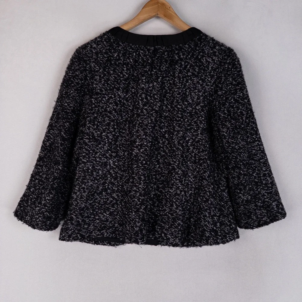 Rafaella Womens Boucle Jacket 16 Black White Pleated Trim Snap Front 3/4 Sleeve